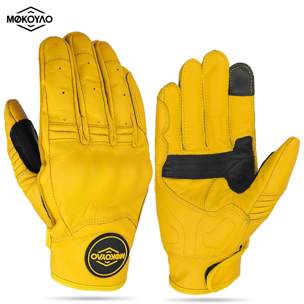 Yellow Vintage Leather Motorcycle Gloves Men Full Finger Motorbike Riding Touch Screen Motocross Moto Racing Biker Glove M-XXL