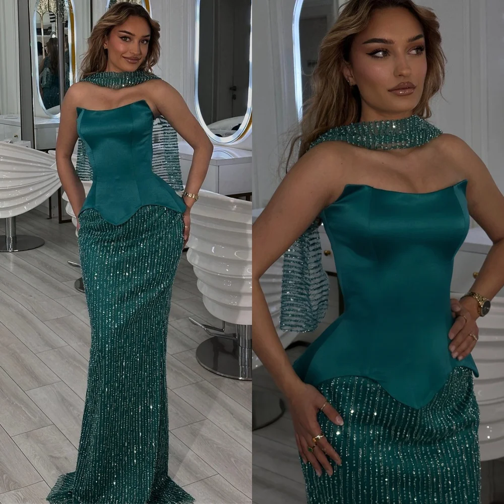 

Customized Soft Green Satin Evening Dress Exquisite Strapless Sleeveless Homecoming Dresses Sparkly Special Occasion Gowns