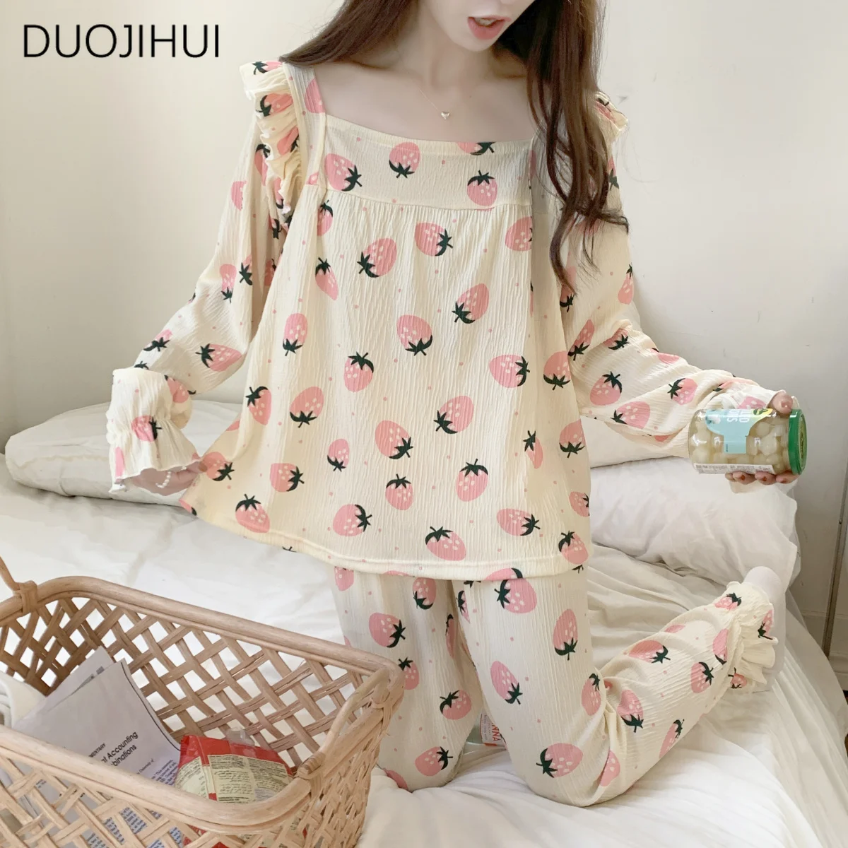 DUOJIHUI Spring Two Piece Sweet Basic Female Pajamas Sets Chic Long Sleeve Pullover Simple Pant Fashion Casual Pajamas for Women