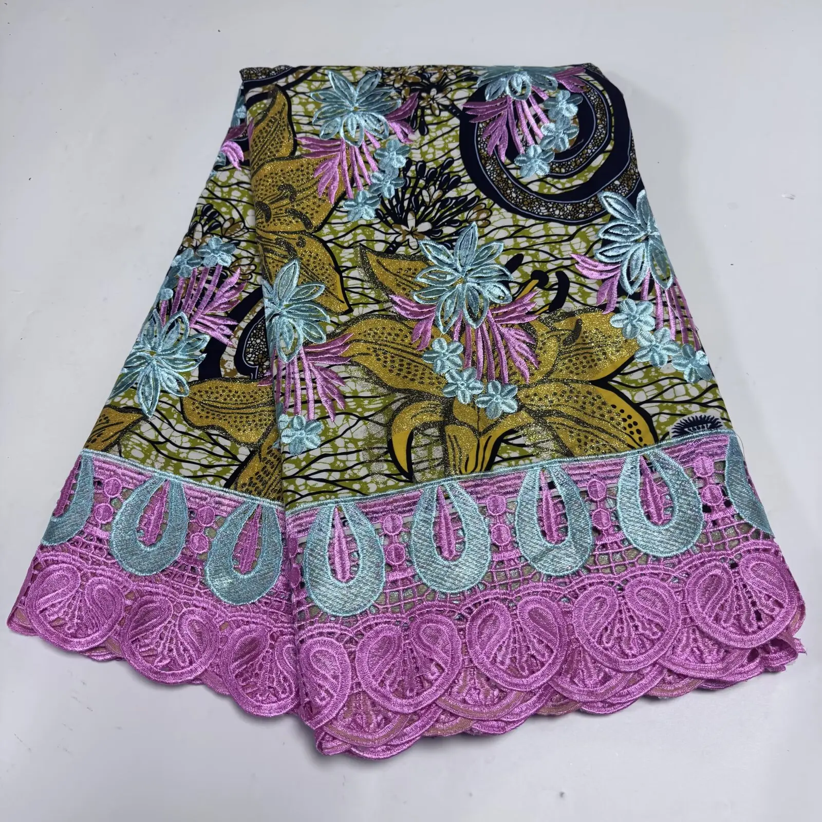 

6yards High Huality African Golden Wax Print 100% Cotton Soft Tissus Material with Embroidery Lace For Sewing Dress Z6-303-3