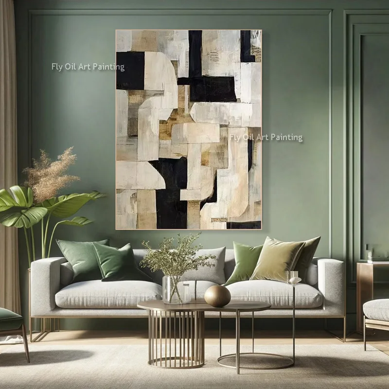 Neutral Tone Block Abstract Oil Painting Handmade Textured Impasto Beige Black Geometric Canvas Wall Art Decoration As Gifts