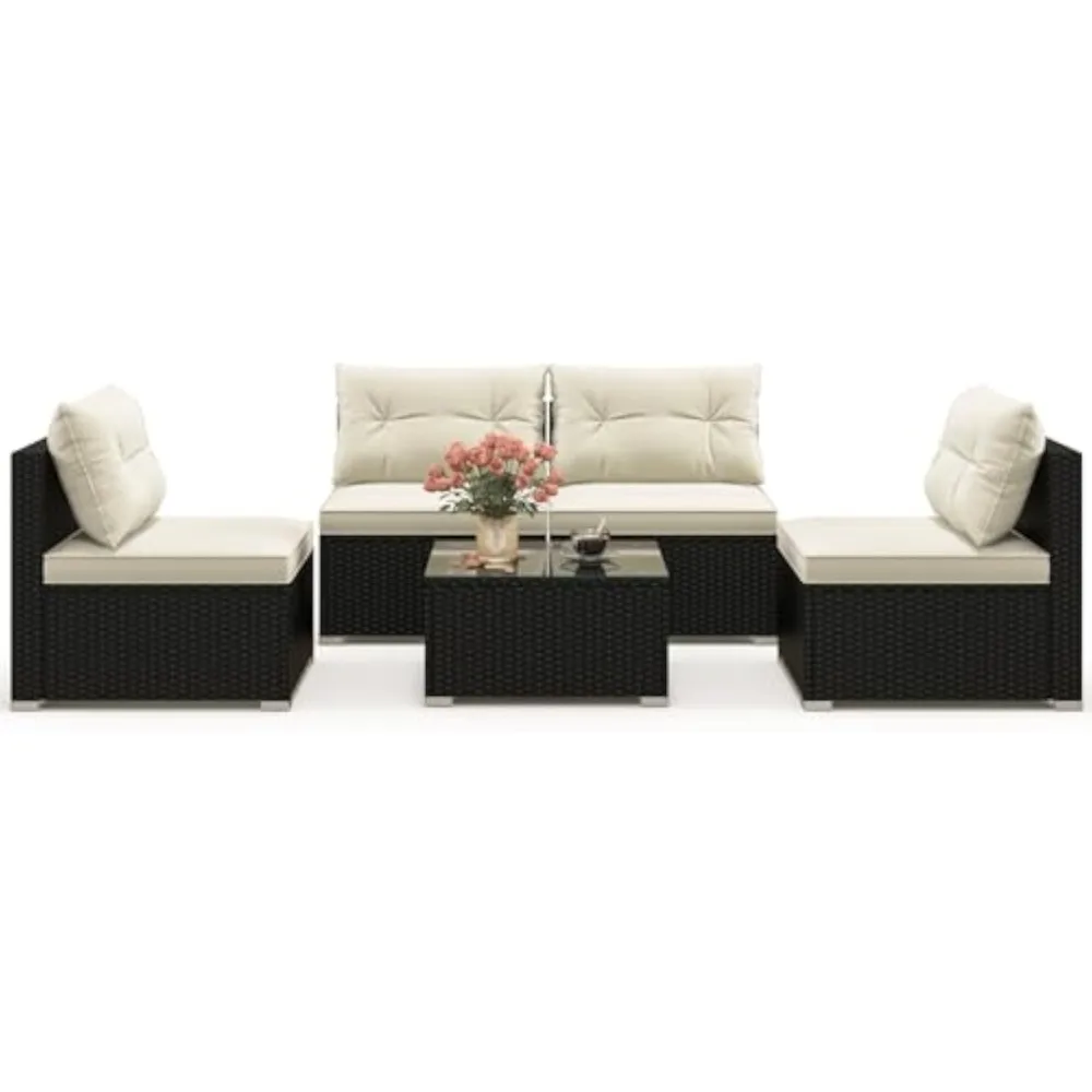 Set Sofa rotan, Set furnitur anyam luar ruangan dengan bantal kursi & belakang, meja kopi kotak, Set Sofa teras