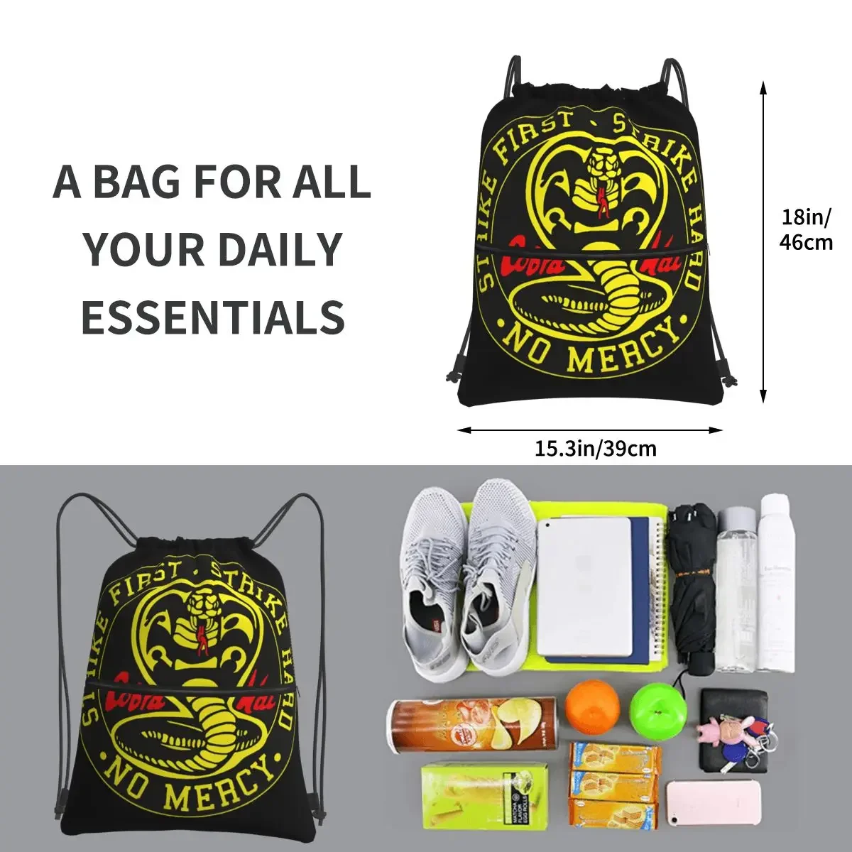 Mochila clásica Cobra Kai No Mercy para hombre y mujer, morral con cordón, bolsillo para zapatos, viaje, deporte