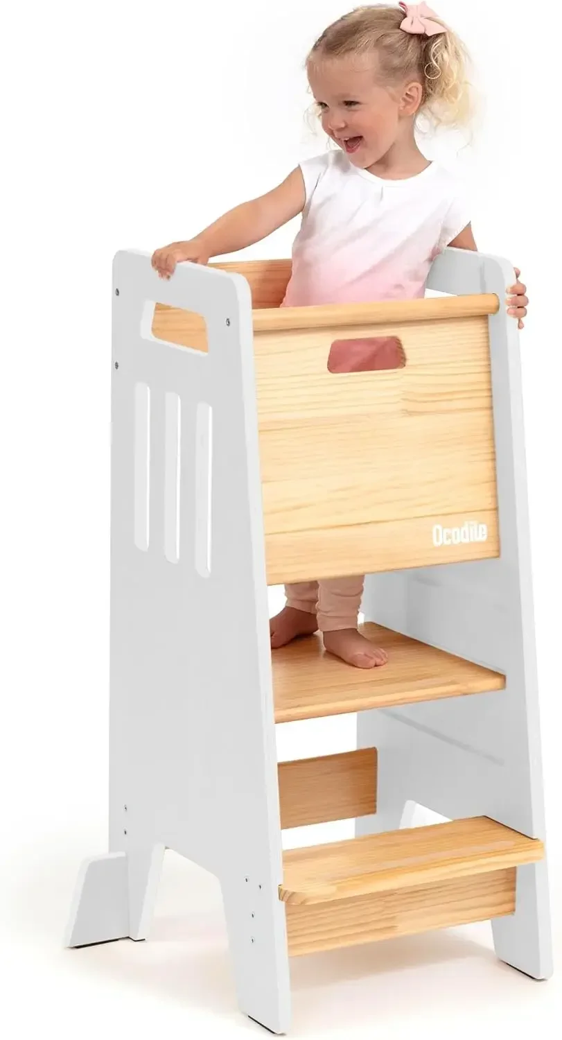 Toddler Tower with a Sliding Door and 3 Adjustable Heights - Safe Toddler Kitchen Stool Helper with Support Feet - Updated Desig