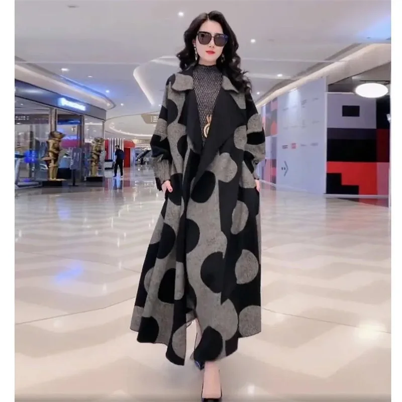 

Polka Dot windbreaker For Women Long Windbreaker Loose Large Size L-5XL Overcoat Middle aged Female Wool Trench Coat Outcoat