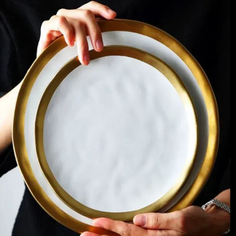 

European Style Gold Black Side Plate Retro Steak Matte Dish Dessert Kitchen Tray Dinner Plates Dishes Ceramic Bowls1pcs