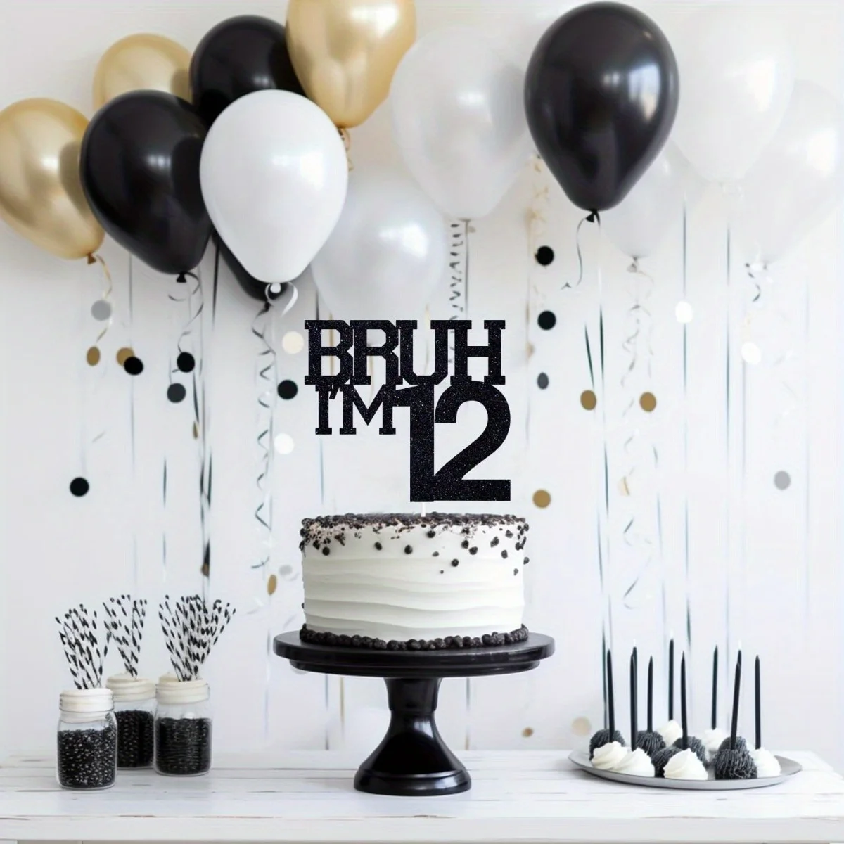 1 Stück Schwarzer „Bruh I'm 12“ Kuchenaufsatz, Alles Gute zum 12. Geburtstag/Bro I'm 12, Lustige 12. Geburtstagsparty-Dekorationen – Detail 4