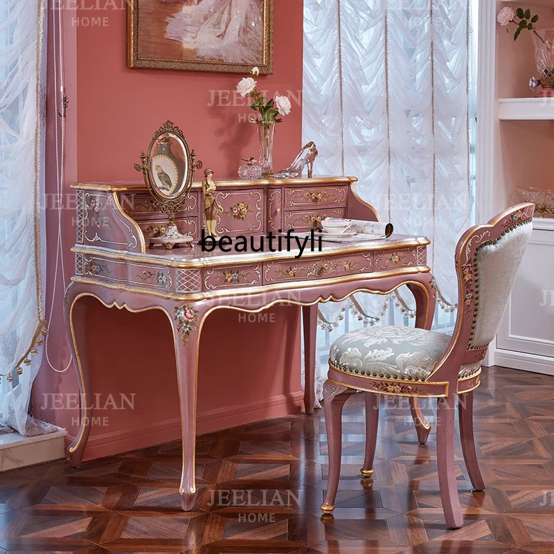 French court style romantic luxury rose pink desk painted with gold leaf imitation piano table