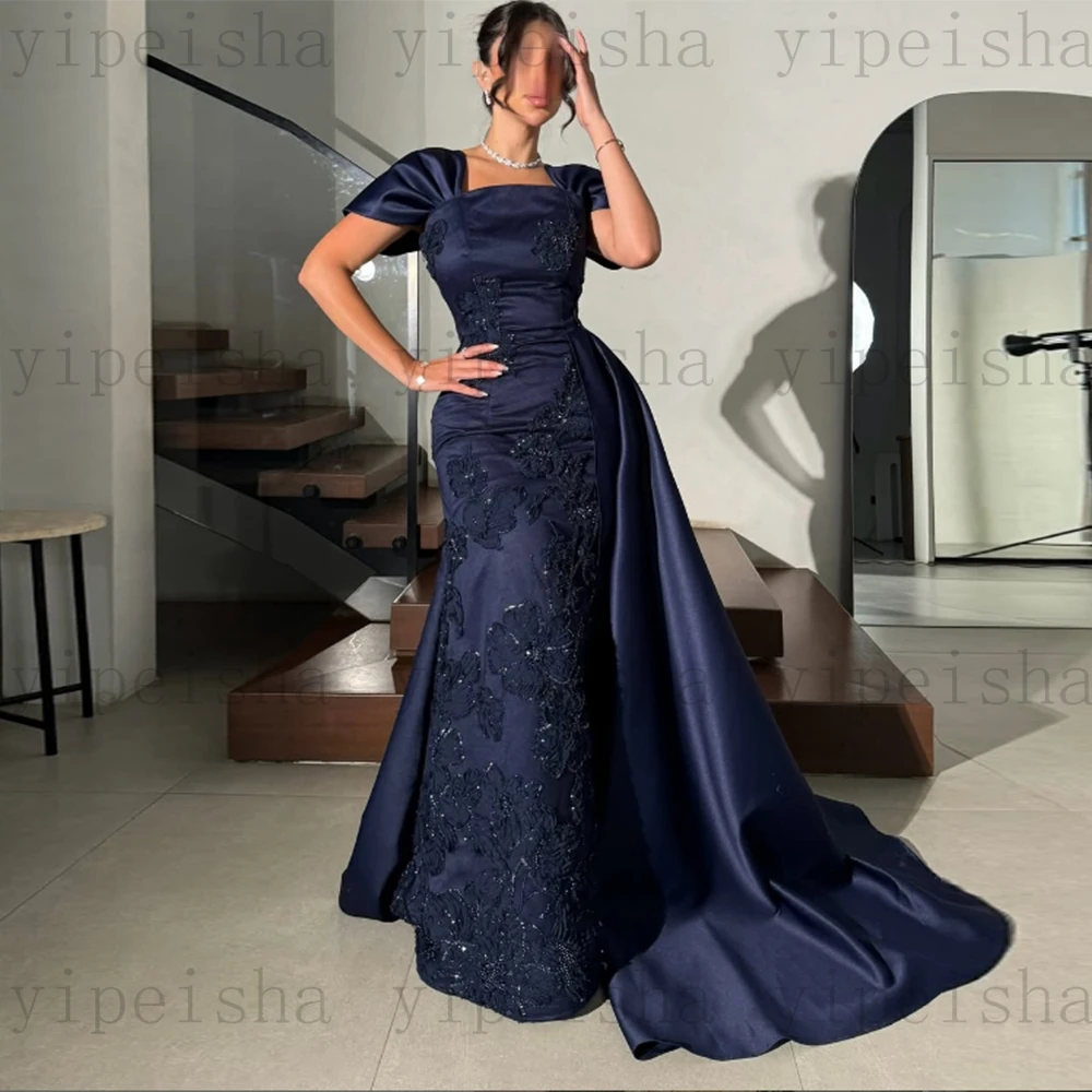 カスタマイズされたスクエアカラーイブニングドレス半袖背中の開いたスパンコールレースアップリケウエディングドレスネイビーブルーマーメイドパーティードレス