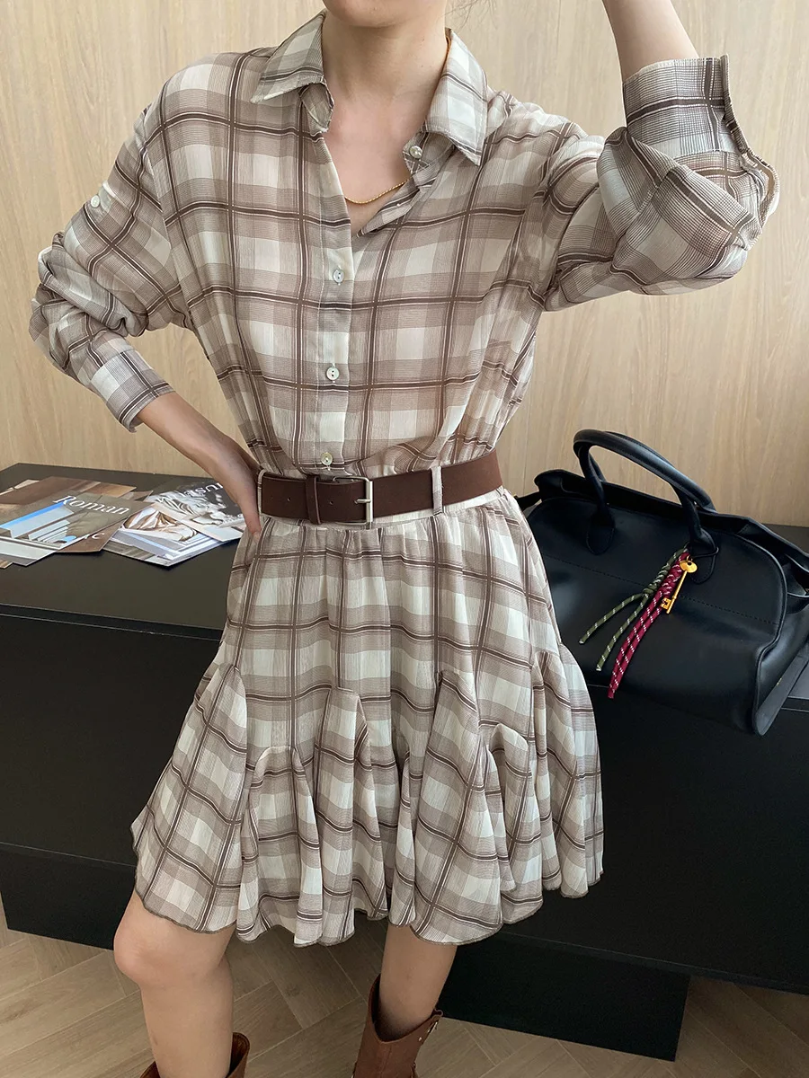 2025 Spring And Autumn Khaki Plaid Shirt Dress Lapel Long Sleeve Ruffle Mini Dress With Belt