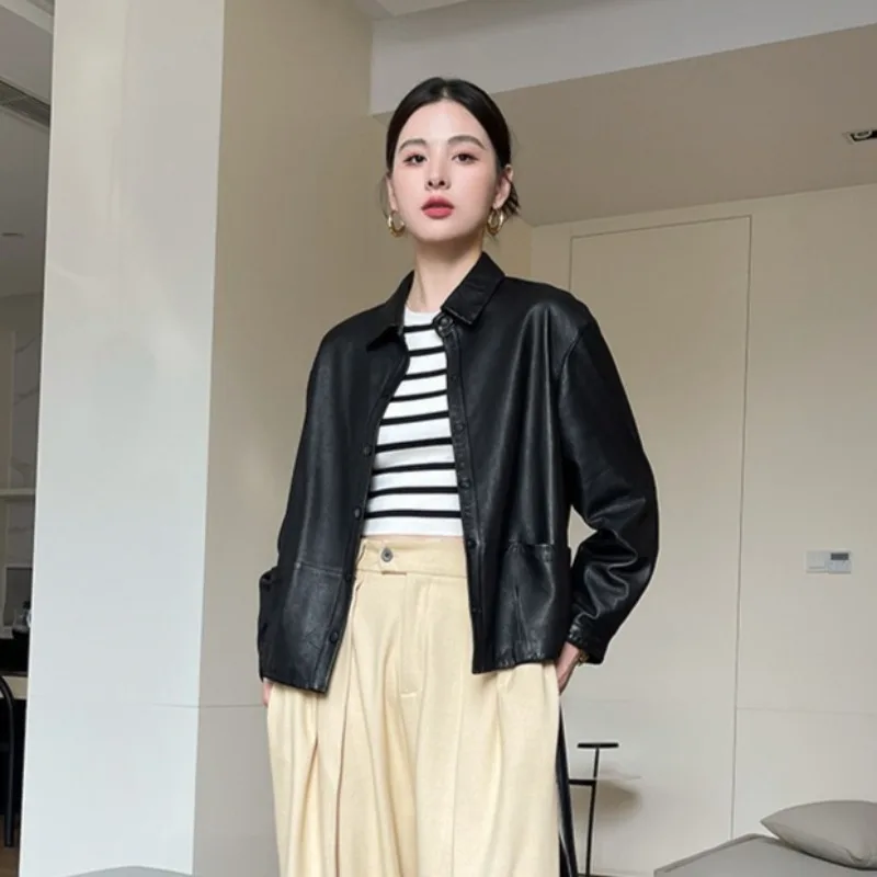 Women's Leather Jacket Autumn Classic Black Loose Casual Jackets Long Sleeves Lapels Single Breasted Spliced Short Women's Coat