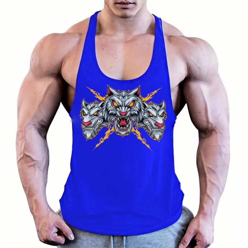 قميص بدون أكمام للرجال لعام 2025 - قميص داخلي للياقة البدنية بقصة ضيقة مع ثلاثة رؤوس وولف لايتنينج مطبوع من القطن لصالة الألعاب الرياضية وكمال الأجسام