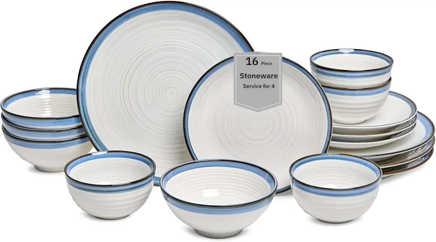 

16-Piece Stoneware Dinnerware Set for 4, Blue Rim White Plates and Bowls, Microwave & Dishwasher Safe