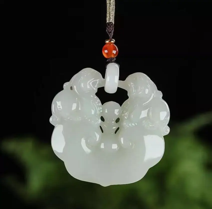 Nature Grade A Icy Light Green HeTian Jade jadeite Hand-Carved pendant Two PiXiu