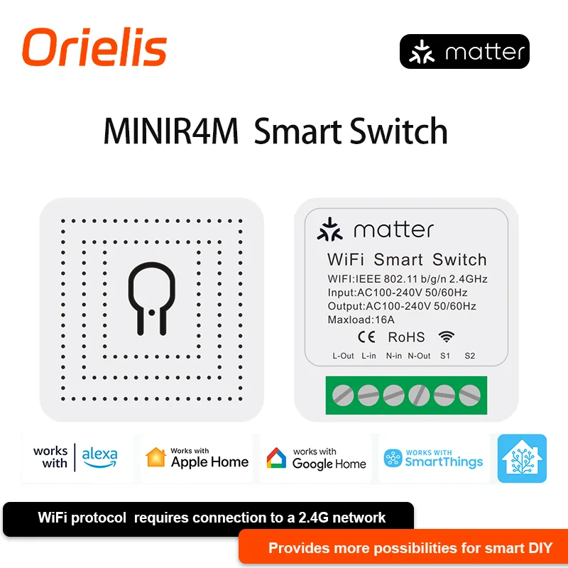 

Matter Certified WiFi Smart Switch 16A Relay Module, Smart Home Light Switch Voice Control Compatible with Alexa/Google/HomeKit/