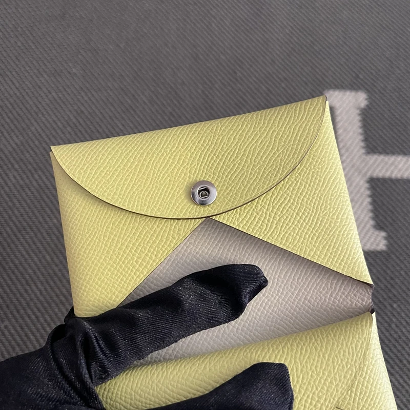 Genuine Leather Key Coin Wallet Button Closure Milkshake White Chicken Yellow Stitching Detail European Style Short Wallet fo...