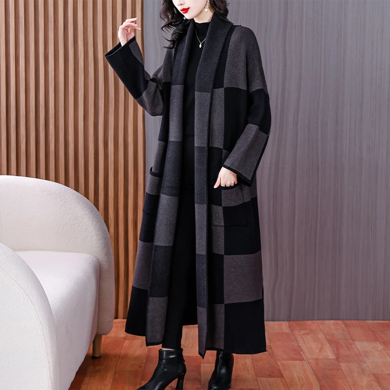 2023 Autumn/Winter New Cashmere Jacquard Plaid Printed Windbreaker Mom\'s Loose Large Length Display Knee Length Coat