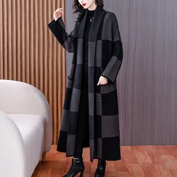 2023 Autumn/Winter New Cashmere Jacquard Plaid Printed Windbreaker Mom's Loose Large Length Display Knee Length Coat