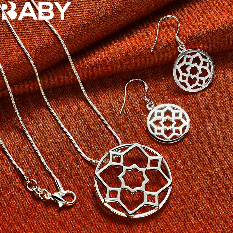 

URBABY 925 Sterling Silver Round Flower Pendant Necklace Earrings For Woman Fashion Charms Wedding Engagement Party Jewelry Set