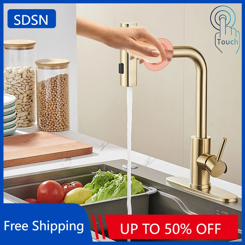 

Сенсорный водопадный смеситель для кухни, матовый золотой, горячий и холодный выдвижной смеситель для кухонной мойки, 3-ходовой умный водопад, сенсорный кухонный кран