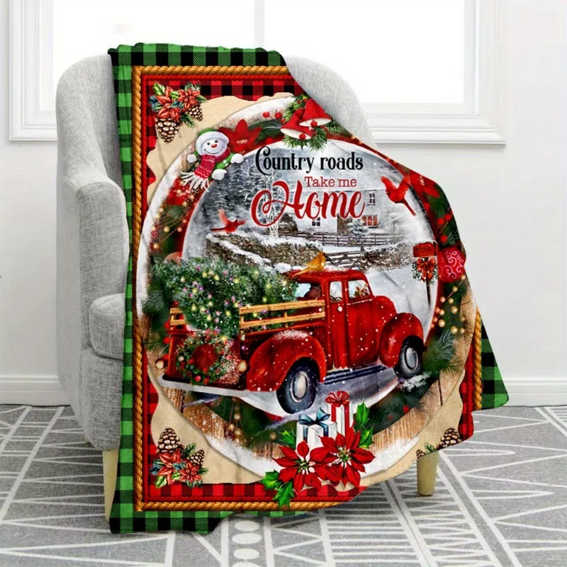 Cozy Country Roads Take Me Home Red Truck Flannel Blanket - Soft Warm Polyester with Festive Holiday Design