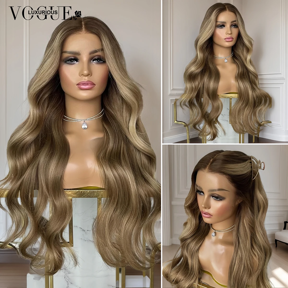 LUX VOGUE ضبابي مذهب بني Balayage اللون بيتشي موجة 100% شعر مستعار عذراء 260 كثافة قطعة المال تسليط الضوء على 13x6 ترقية الدانتيل #2