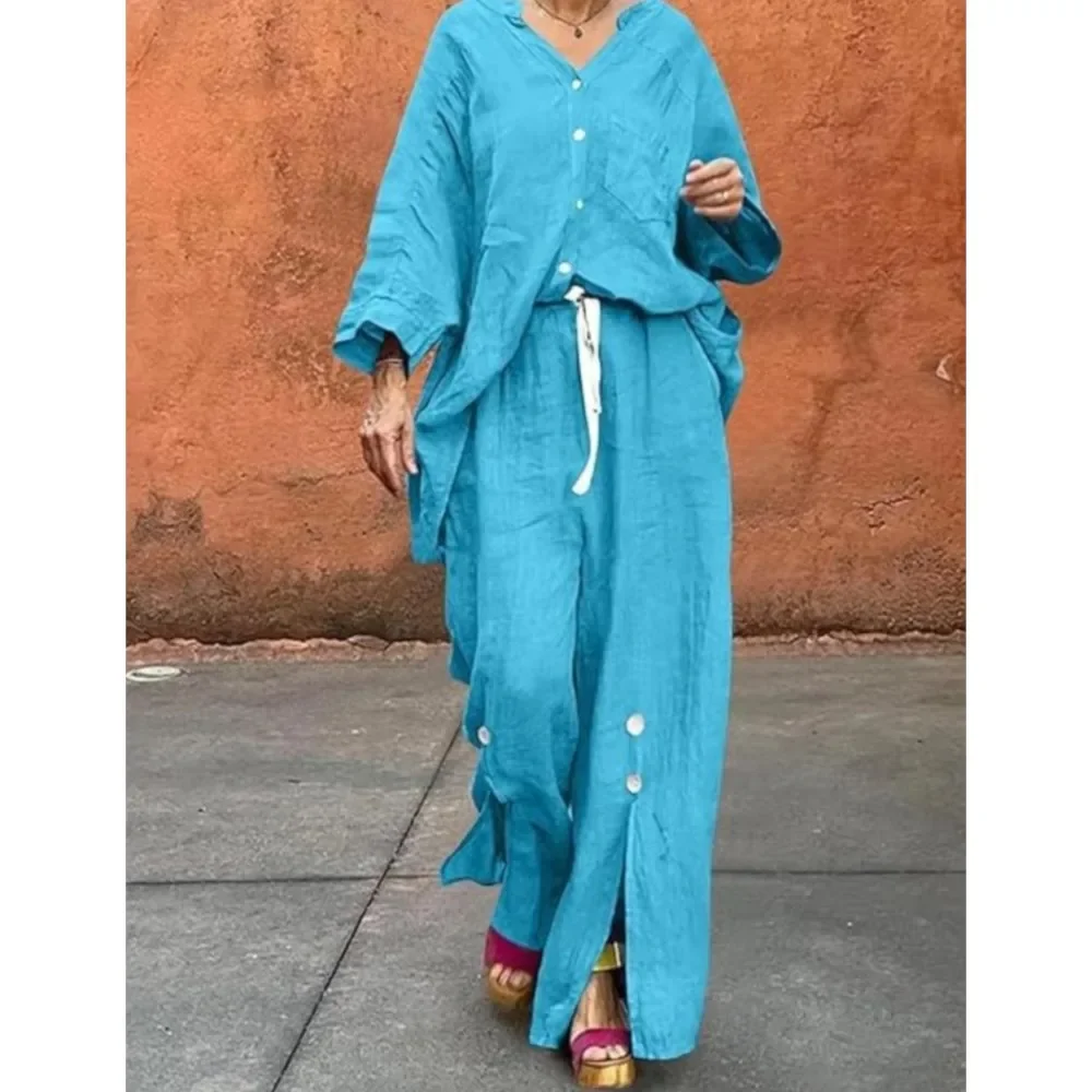 CPSYMYM Fashion Cotton Linen Long-sleeved Shirt Long Pants 2 Piece Set Women's Autumn Casual Loose Wide-leg Split Long Pants Set