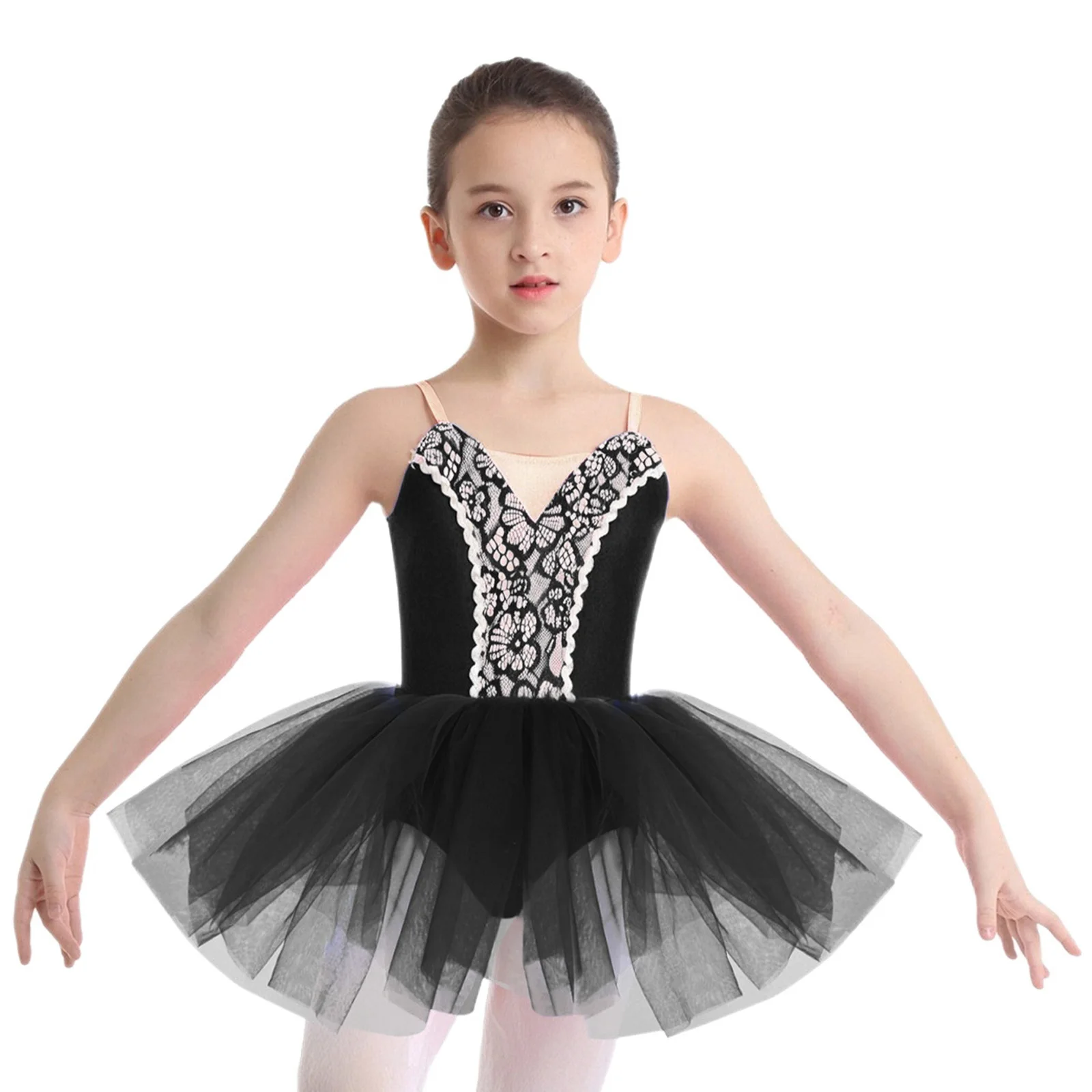 

Kids Girls Professional Ballet Dance Tutu Dress Sleeveless Adjustable Spaghetti Straps Front Lace Splice Leotard Dress Dancewear