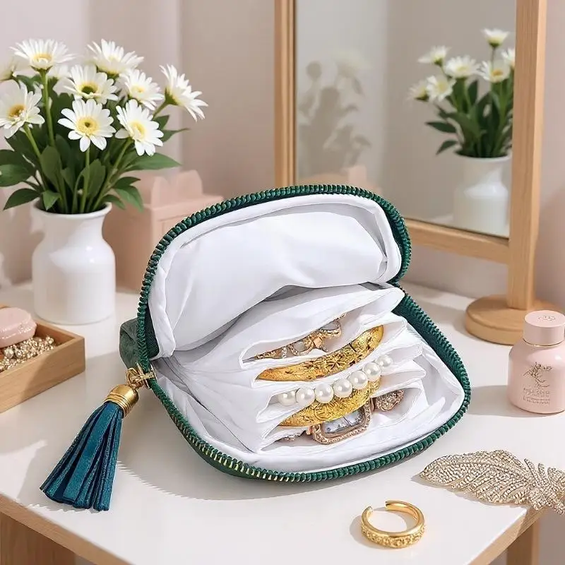 Tragbare Schmucktasche aus Samt mit 6 großen Fächern, Quasten und Reißverschluss, ideal für Reisen und den täglichen Gebrauch, zum Aufbewahren von Ohrringen, Ringen und Armbändern. – Detail 7