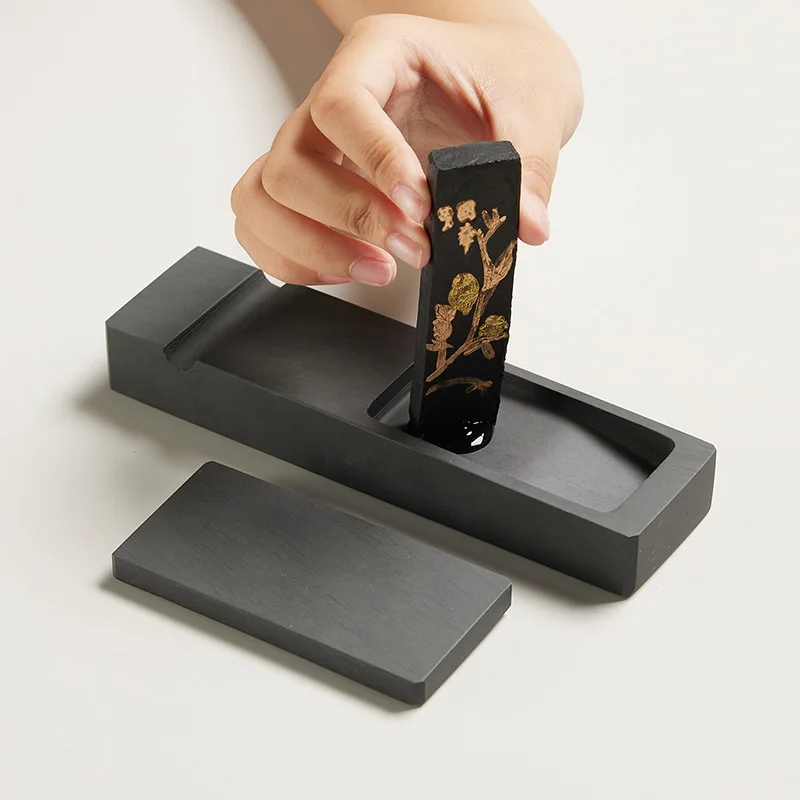 Chinese Calligraphy Inkstone Natural Stone Paperweight with Lid Ink Grinding Sumi Ink Stone for Beginners Students Calligraphy