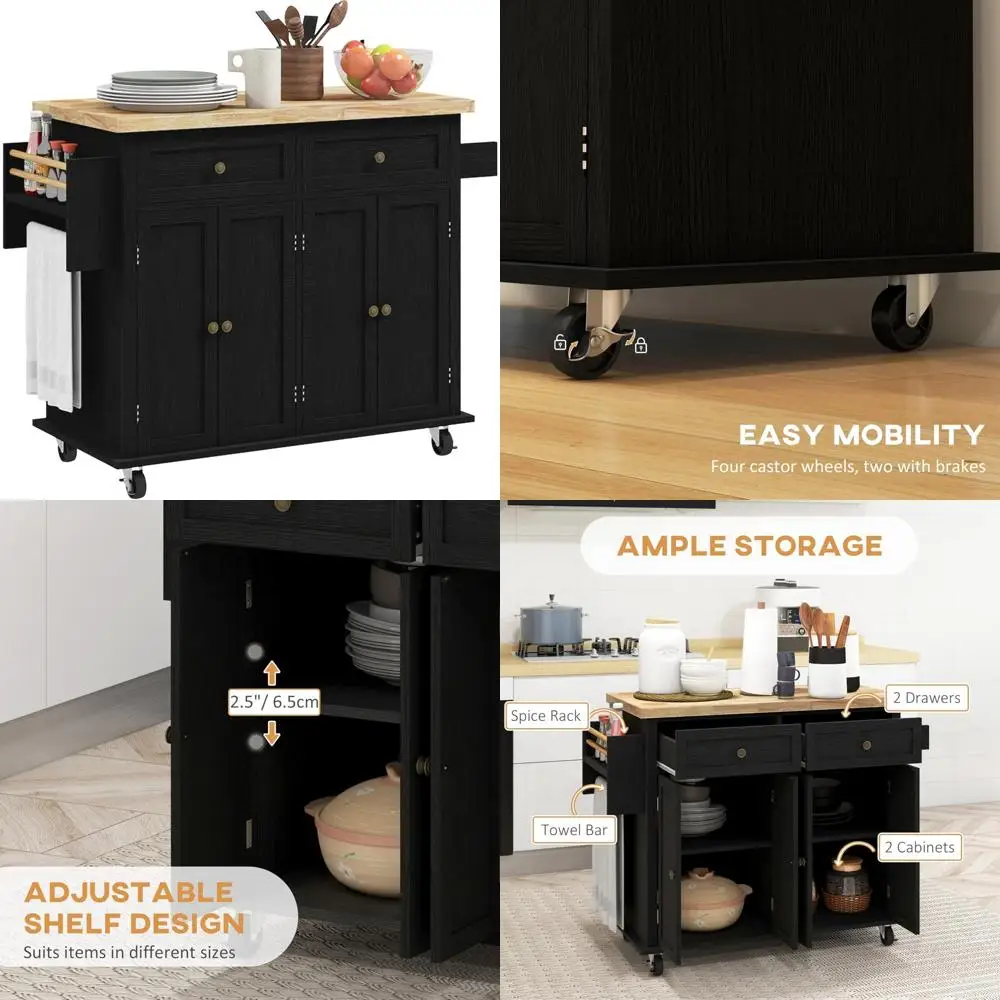 

Rolling Kitchen Island Table with Rubberwood Top, Drawers, Adjustable Shelves, and Spice Storage on Wheels