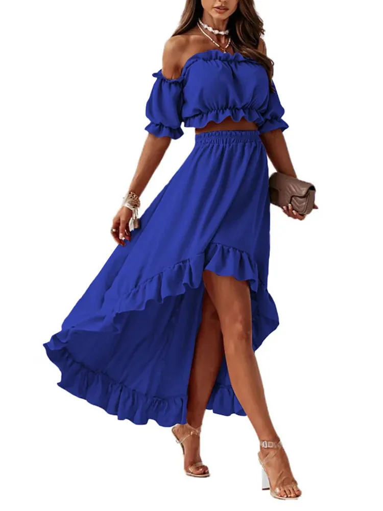 Two Piece Elegant Party Skirt Sets For Women Puff Short Sleeves Hollow Out Waist Dress Solid Irregular Hem Flowy Long Dresses