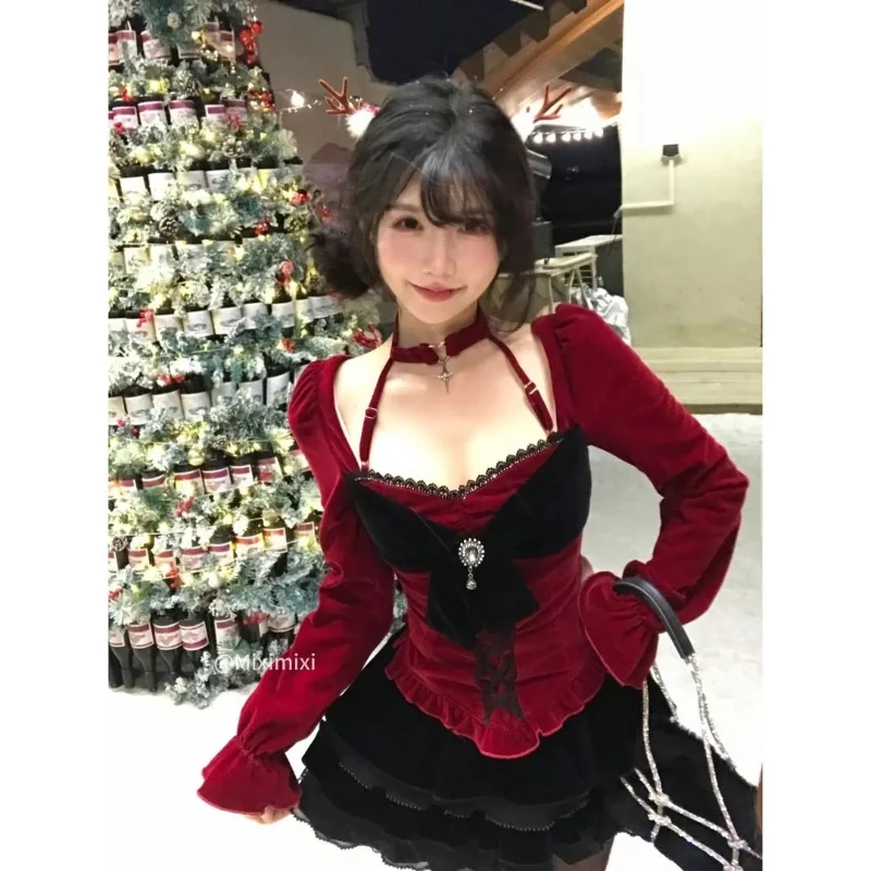 

Рождественский комплект Pure Desire Spicy Girl, вечеринка по случаю дня рождения, наряд для свидания, бархатный топ во французском стиле ретро, комплект из двух предметов с юбкой-торт