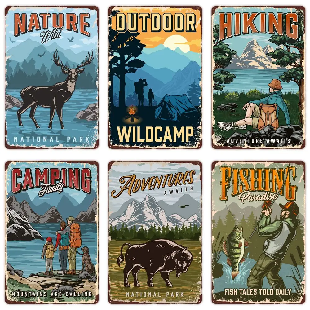 Camping Family Tin Sign, Fishing Vintage Metal Tin Signs, Club Outdoor Hiking Wall Decorative, Adventure Explore Retro Plaque