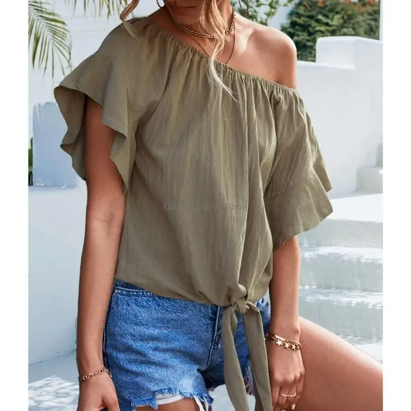 

Women Blouses Female O-neck Loose Short Sleeve Shirt Work Wear