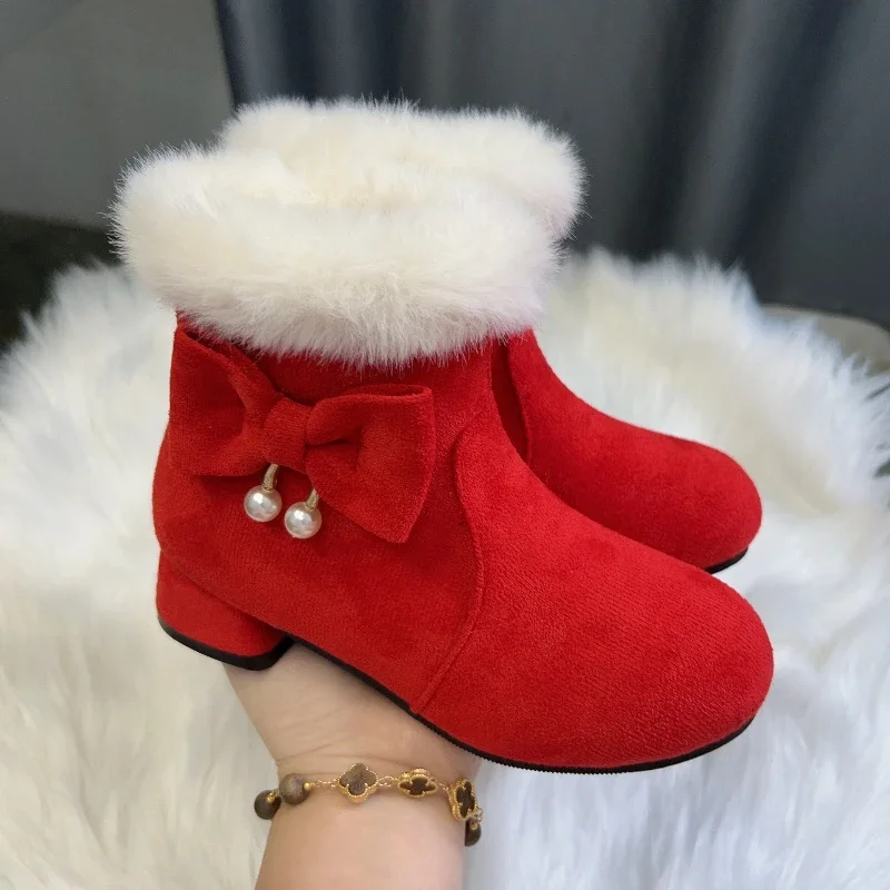 

Winter Children Furry Warm Boots Princess Black Red Girl High-heels Fashion Boot Hairy Versatile Bowknot Kids Causal Ankle Boots