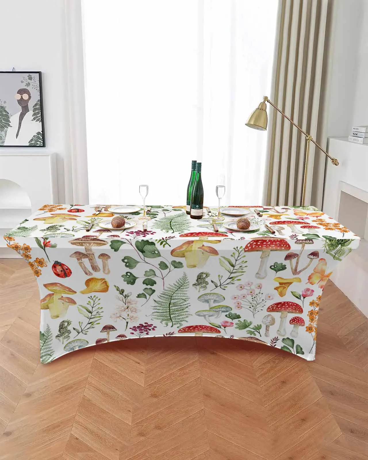 Mushroom Plant Butterfly Ladybug Watercolor Elastic Table Skirt Wedding Hotel Birthday Table Cover Buffet Table Tablecloth Decor