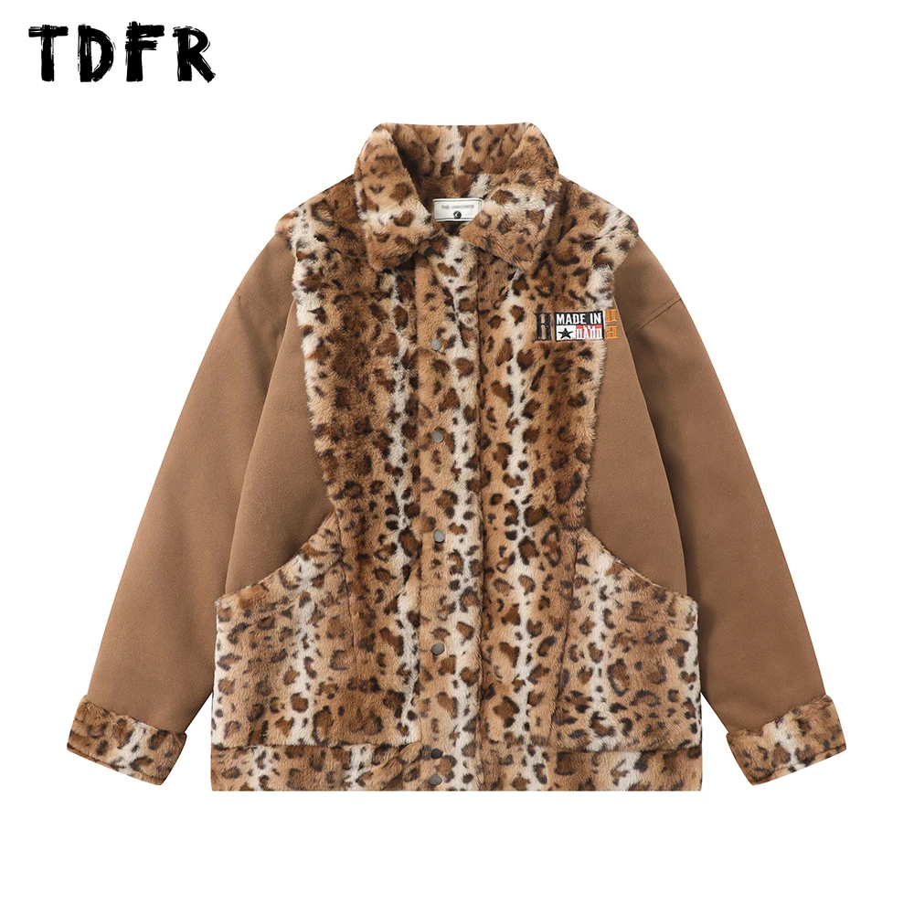 Leopard Spliced Padded Jacket Mens Letter Embroidery Retro Streetwear Winter Lapel Long Sleeve Thick Quilted Jacket Men