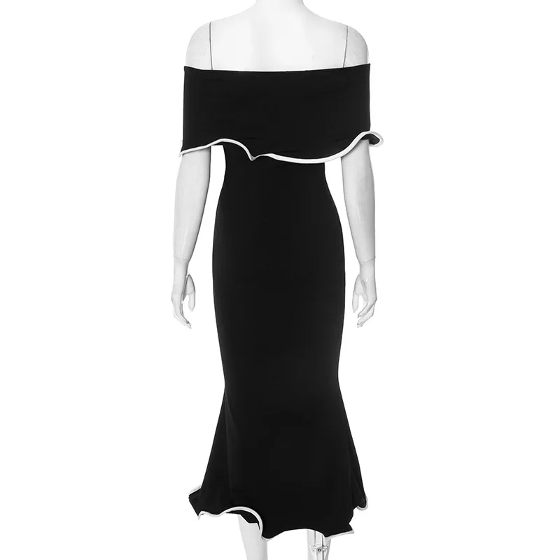 French Sexy Women Linen Suspender Long Dress Fashion Women Black Patchwork Slip Off Shoulder Dresses Pleated Loose Contrast