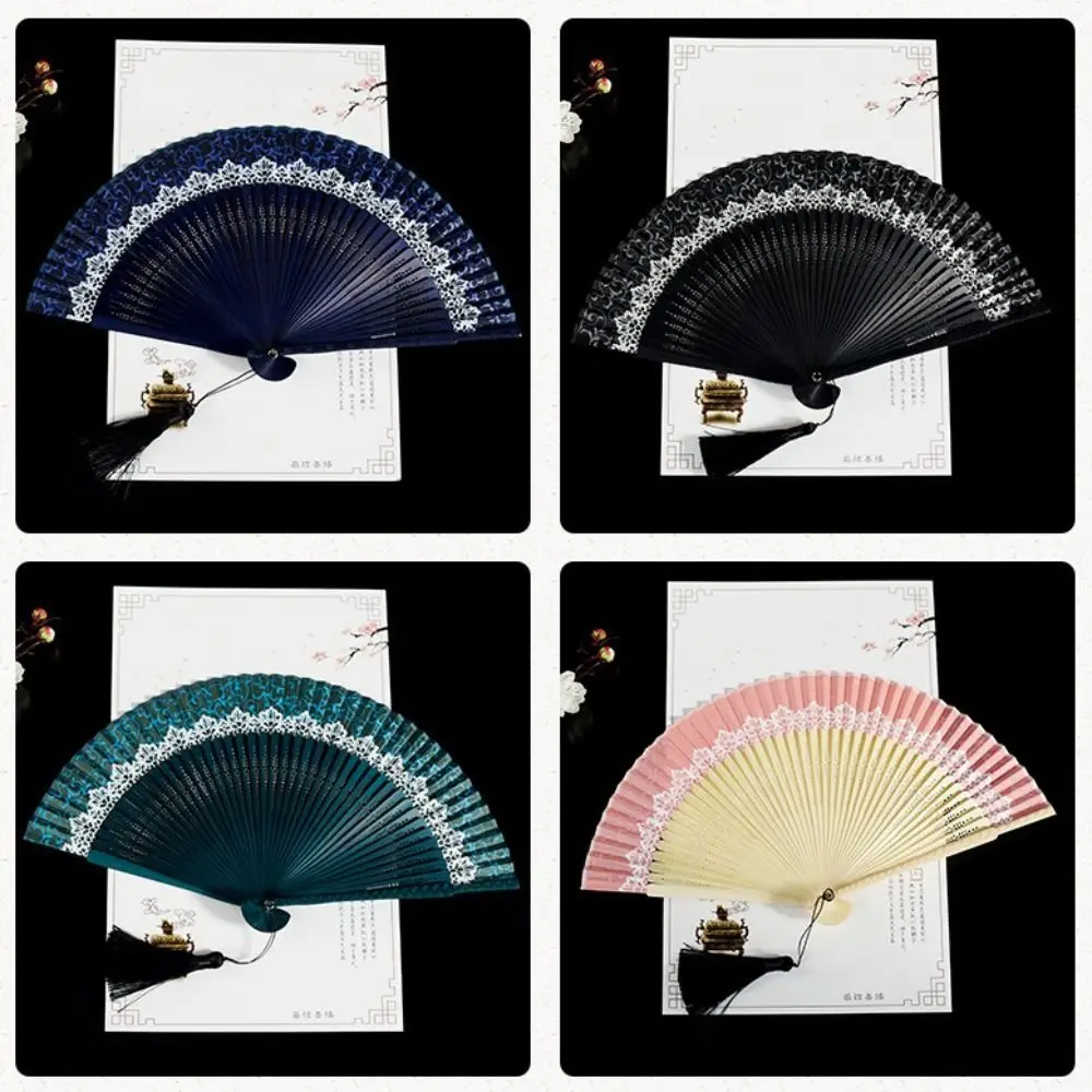 Silk Cloth Chinese Style Folding Fan Bamboo Material With Tassel Color Changing Folding Fan Lace Trim Bamboo Folding Fan