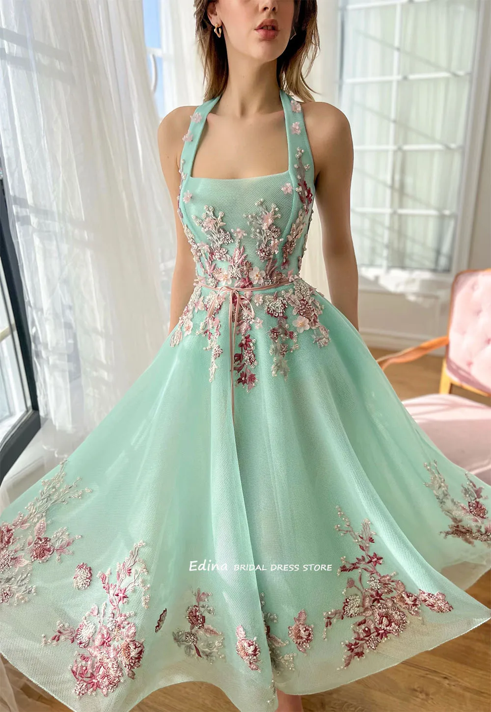 Edina Strapless 3D Lace Applique Cocktail Dresses for Women Ankle Length Short Party Gowns فساتين سهره نسائيه فخمة