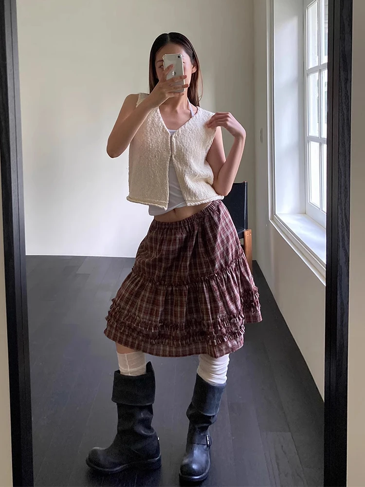 

High Waist Plaid Skirt for Women Summer New College Style Splicing Wood Grain Design Commute Style Girls Skirt