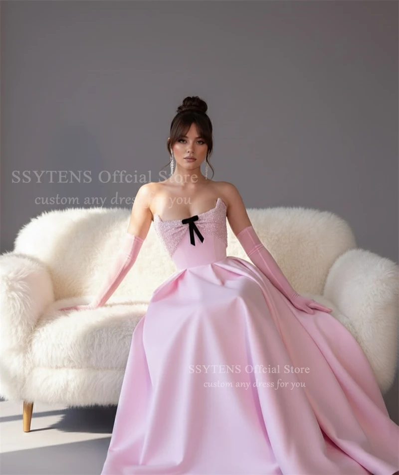 SSYTENS Abiti da sera rosa Elegante senza spalline A Line Abito da ballo da sposa Perline Abiti da festa da ballo in seta pieghettati a mano personalizzati