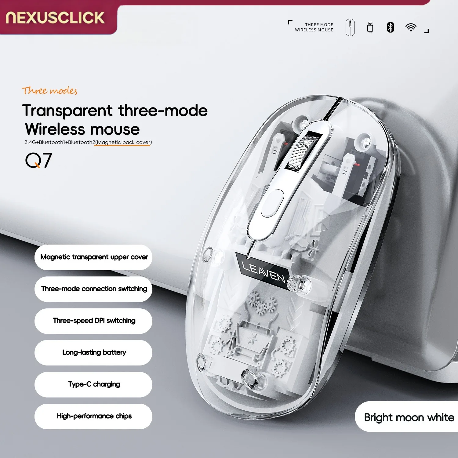 NexusClick Silent Wireless Gaming Mouse, Transparent Tri-Mode Design, Type-C Rechargeable 3 Adjustable DPI Mice for PC Laptop