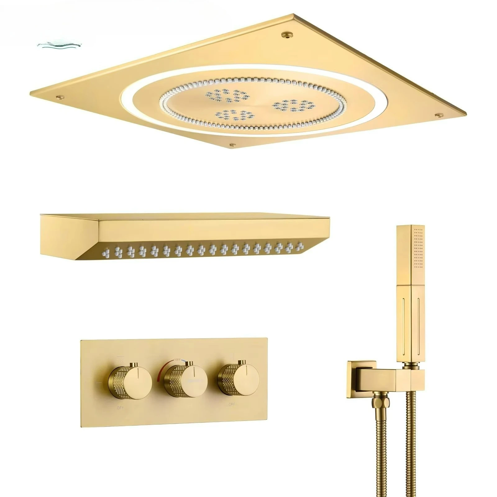 480*480mm Square Concealed Mounted Waterfall Rainfall Mist Water Shower Set LED Light,thermostatic Four-function