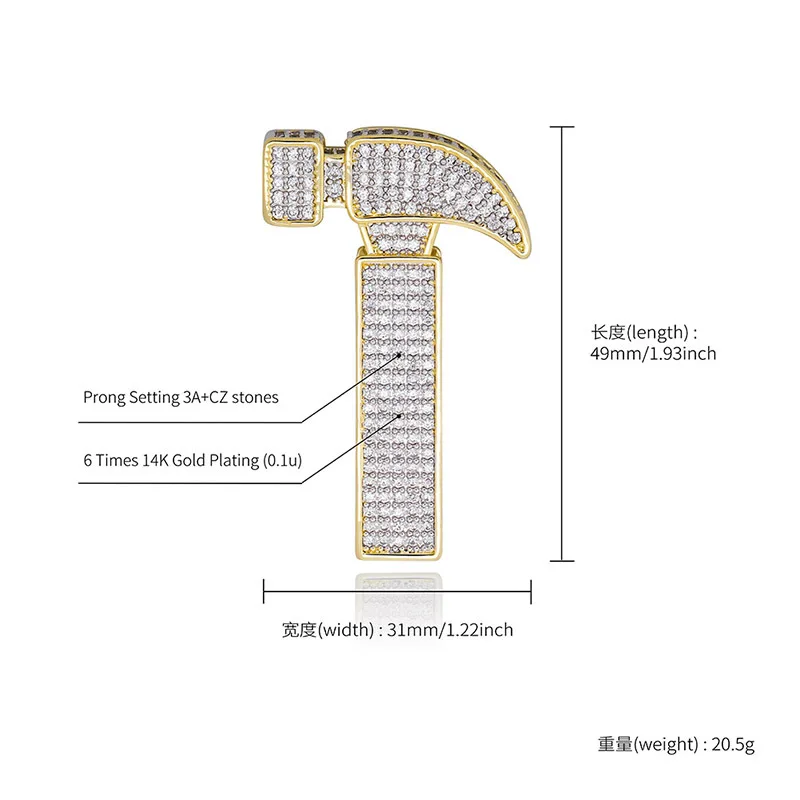 Hip Hop Micro Pave AAA Cubic Zirconia Bling Ice Out Claw Hammer Pendants Necklaces for Men Rapper Jewelry Drop Shipping