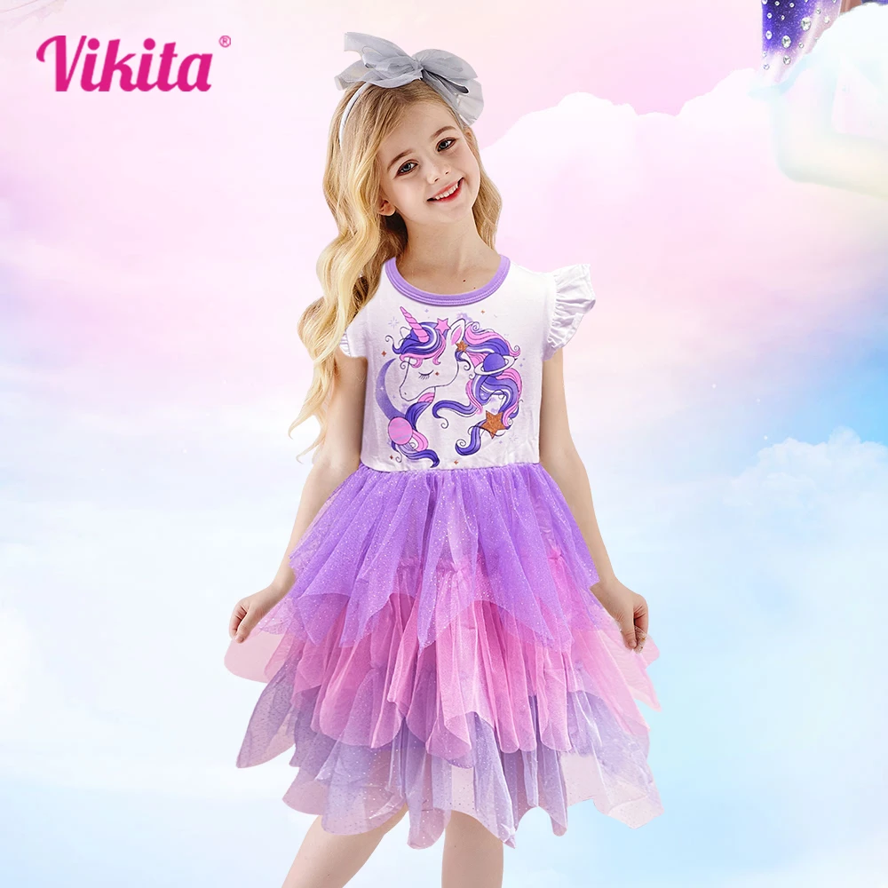 VIKITA Summer Kids Dresses Flying Sleeve Unicorn Children Dress Cartoon Print Tutu Girls Dress  Baby Irregular Party Clothing