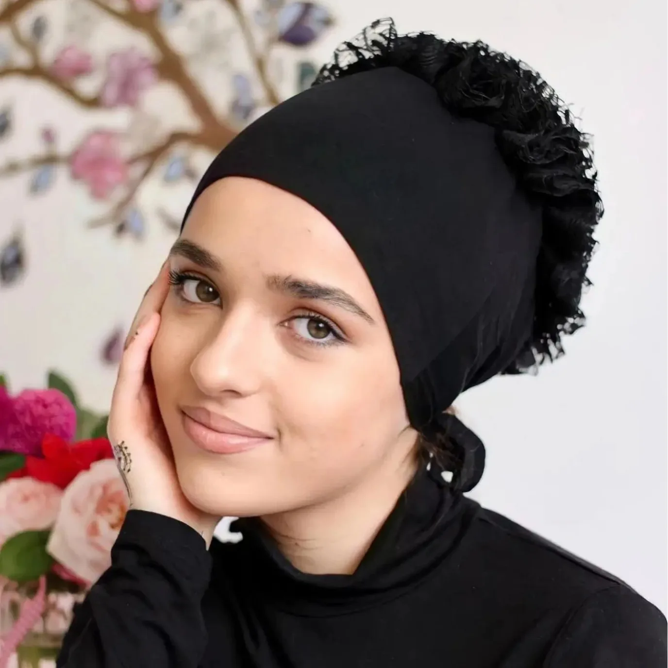 Under Hijab Caps Big Flower Volumizer Scrunchie Muslim Inner Hijab Turbans Islamic Headwear Accessories Female Head Wraps Bonnet