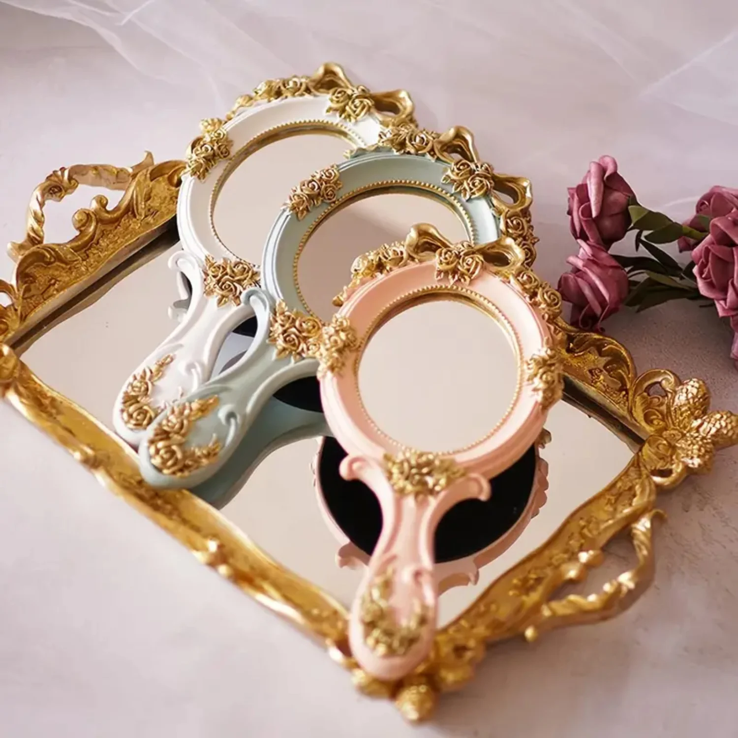 Handheld Oval Vanity Makeup Mirror - Portable Travel Princess Metal Cosmetic Mirror with Embossed Rose Design - Decorative Desk