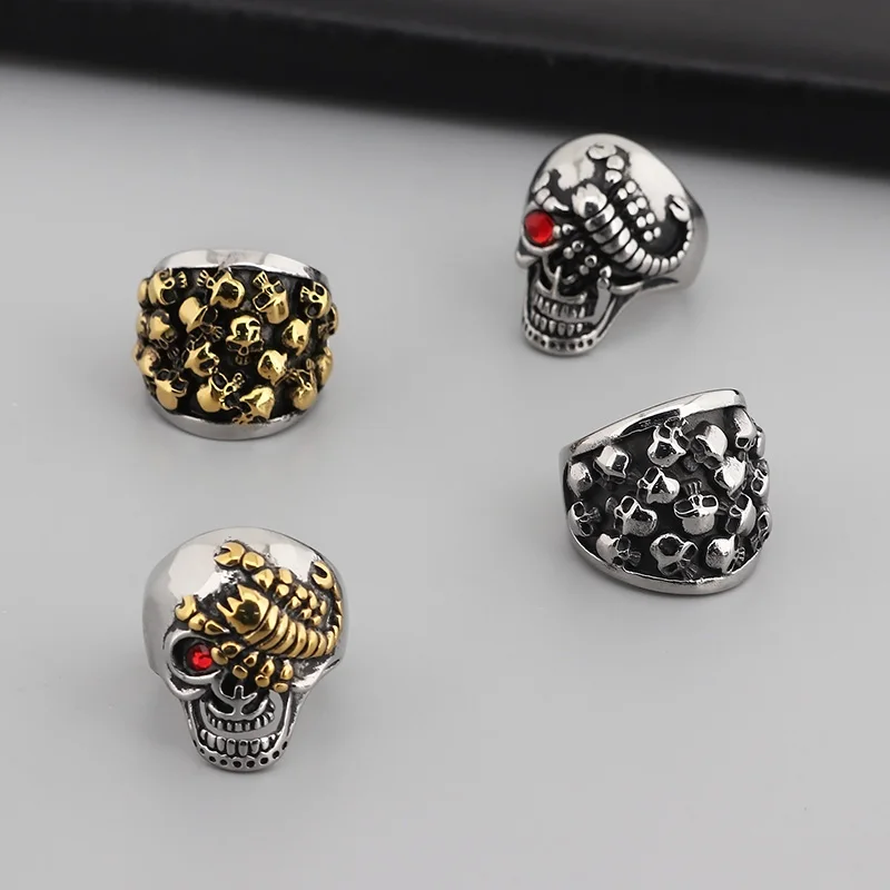 Fongten Gothic Skeleton Rings For Men Stainless Steel Cocktail Ring Male Gold Silver Color Skull Charm Hip Hop Jewelry Wholesale